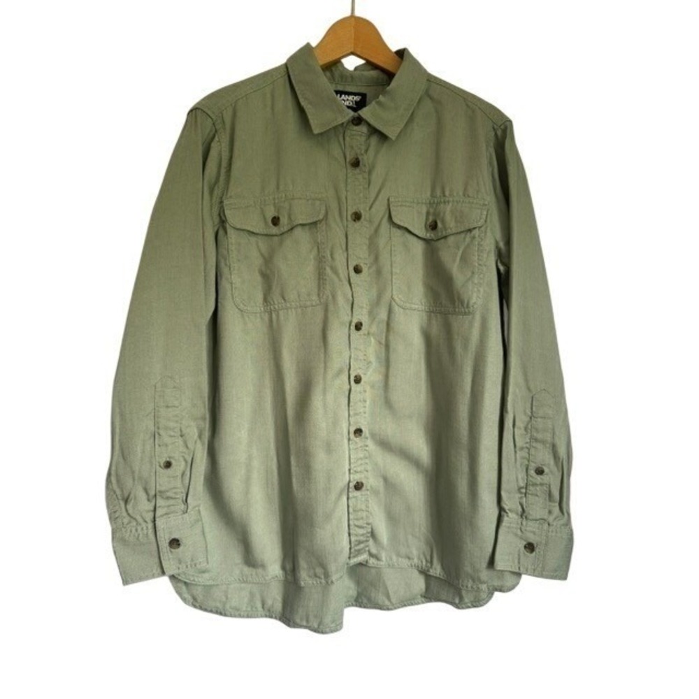 Lands End Womens M 10-12 Sage Green Lyocell Utility Button Down Shirt